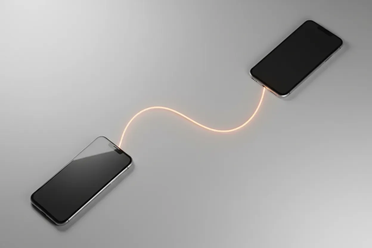 Two smartphones on a neutral surface linked by a warm glowing arc, symbolizing connection across distance.