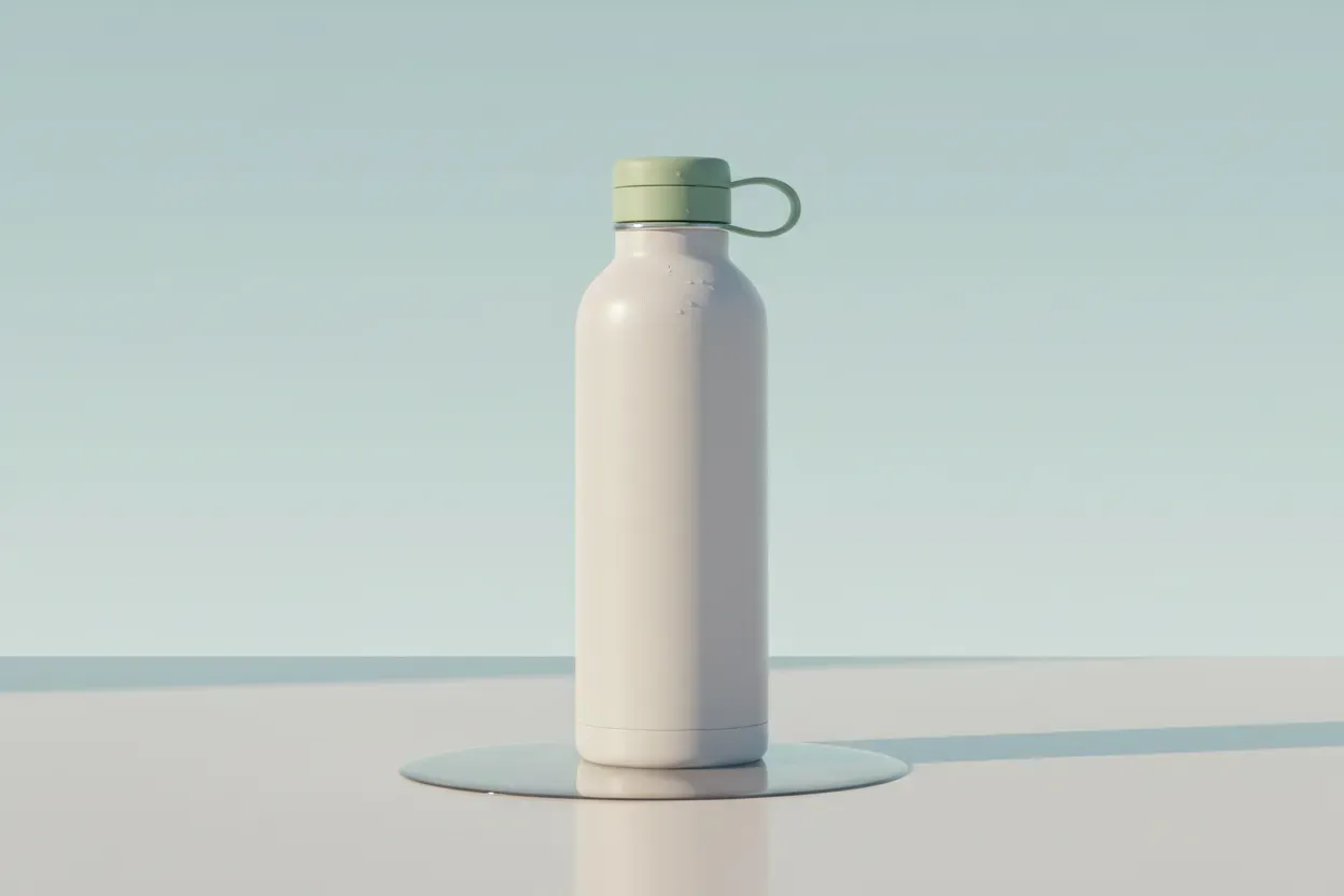 Matte stainless steel water bottle on a soft aqua gradient background with subtle reflection.